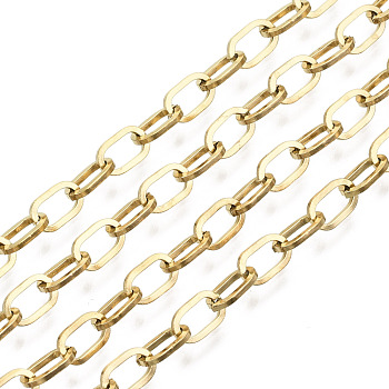 304 Stainless Steel Cable Chains, with Spool, Unwelded, Flat Oval, Real 18K Gold Plated, Link: 6.6x4x0.8mm, about 32.8 Feet(10m)/roll