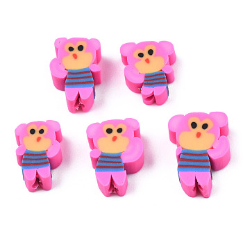 Handmade Polymer Clay Beads, Monkey, Hot Pink, 10~13x8~10x4~5mm, Hole: 1.8mm