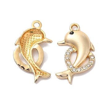Rack Plating Alloy Rhinestone Pendants, Dolphin with Heart Charms, Golden, 24x15x3mm, Hole: 2mm