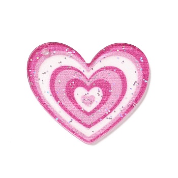 Transparent Plastic Pendants, Random Hole Left or Right, with Sequin, Heart, Deep Pink, 28.5x30x1.5mm, Hole: 1.5mm