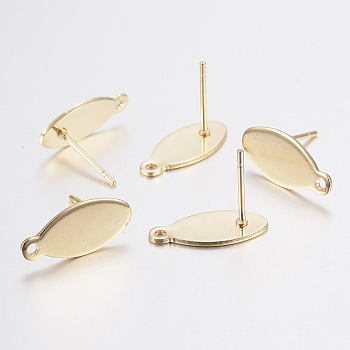 304 Stainless Steel Stud Earring Findings, with Loop and Flat Plate, Oval, Golden, 15x7x0.8mm, Hole: 1mm, Pin:0.8mm