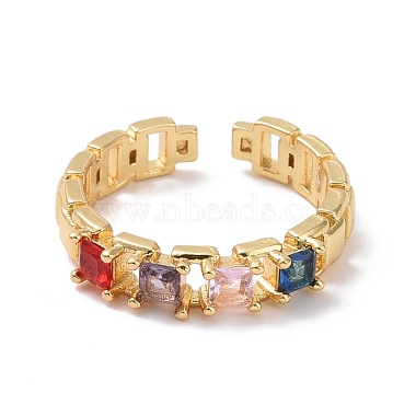 Colorful Cubic Zirconia Rectangle Open Cuff Ring(RJEW-P032-07G)-2