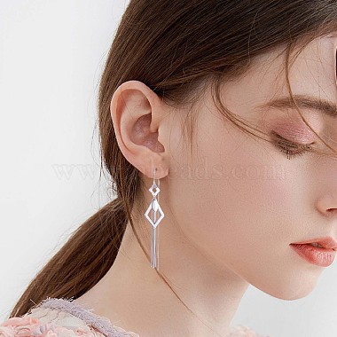 Rhodium Plated 925 Sterling Silver Rhombus with Chain Tassel Dangle Earrings(JE1048A)-4
