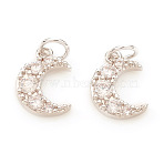 Brass Micro Pave Cubic Zirconia Charms, with Jump Rings, Moon, Clear, Platinum, 9.5x7x2mm, Jump Ring: 4x0.6mm, Hole: 2.5mm(KK-I672-26P)