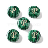 Synthetic Malachite Beads, with Golden Tone Brass Slices, Flat Round with Letter, Letter P, 15x5mm, Hole: 1.4mm(G-A238-01P)