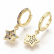 Brass Micro Pave Colorful Cubic Zirconia Dangle Hoop Earrings, Star, Real 16K Gold Plated, 26mm, Pin: 1x1mm(EJEW-S208-083)