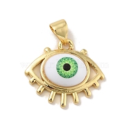 Brass Pendants, with Acrylic, Cadmium Free & Lead Free, Long-Lasting Plated, Evil Eye, Real 18K Gold Plated, Green, 16.5x19x6mm, Hole: 4x3.5mm(KK-B059-42G-A)