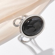 Oval Natural Black Agate Finger Rings, 304 Stainless Steel Open Cuff Rings for Women, Oval: 21.5x16.5mm, Inner Diameter: Adjustable(RJEW-M062-02P-03)