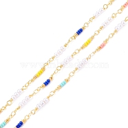 CCB Plastic & Glass Seed Beaded Chain, with Brass Findings, Long-Lasting Plated, Imitation Pearl & Rondelle, Soldered, with Spool, Colorful, 16.5x3mm, 15x2.5mm, about 32.8 Feet(10m)/roll(CHC-D031-08G)