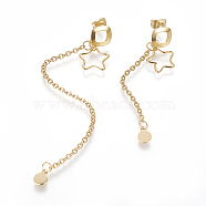 304 Stainless Steel Stud Earrings, Hypoallergenic Earrings, Asymmetrical Earrings, with Cable Chains and Ear Nuts, Star, Golden, 90mm and 50mm, Pin: 0.6mm(EJEW-E248-44G)