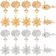32Pcs 4 Styles 304 Stainless Steel Stud Earring Findings, with Loop and Ear Nuts/Earring Backs, Flower & Tree, Golden & Stainless Steel Color, 20~22x17mm, Hole: 1.8~2mm, Pin: 0.8mm, 8pcs/style(STAS-DC0007-30)