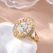 Brass Micro Pave Clear Cubic Zirconia Adjustable Rings for Women, Oval, Golden, Inner Diameter: 19mm(RJEW-C118-08G)