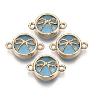 Glass Links connectors, with Light Gold Plated Alloy Findings, Flat Round with Bowknot, Light Sky Blue, 13.5x19.5x6.5mm, Hole: 1.6mm(GLAA-T015-23D)