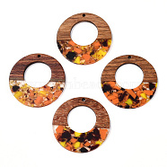 Transparent Resin & Walnut Wood Pendants, with Gold Foil, Donut Charms, Coral, 38x3mm, Hole: 2mm(RESI-TAC0017-74-A03)