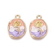 Rack Plating Alloy Enamel Pendants, Cadmium Free & Nickel Free & Lead Free, Light Gold, Oval with Flower Charm, PeachPuff, 21x15.5x3mm, Hole: 1.8~2mm(ENAM-N056-409B)