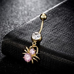 Piercing Jewelry, Brass Cubic Zirconia Navel Ring, Belly Rings, with Surgical Stainless Steel Bar, Cadmium Free & Lead Free, Real 18K Gold Plated, Spider, Pink, 38x16mm, Bar: 15 Gauge(1.5mm), Bar Length: 3/8"(10mm)(AJEW-EE0003-04B)
