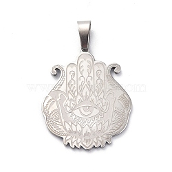 304 Stainless Steel Pendants, Hamsa Hand/Hand of Miriam with Eye Charm, Stainless Steel Color, 31x26x1mm, Hole: 7x4mm(STAS-C062-04P)