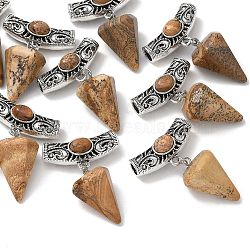 Natural Picture Jasper Pendants, Faceted Cone Charms with Alloy Tube Bails, Antique Silver, 42.5x30x15mm, Hole: 5.5mm(AL-CBA612E-11AS)