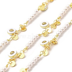 Handmade Glass Pearl Beaded Chains, with Brass Enamel Donut Charms, Soldered, with Spool, Cadmium Free & Lead Free, Real 18K Gold Plated, Bead Link: 22x3x3mm, Donut: 9x6.5x2mm, Flat Round: 4x0.5mm(CHC-I045-05G)