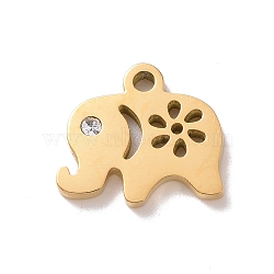 Ion Plating(IP) 304 Stainless Steel Charms, Manual Polishing, with Crystal Rhinestone, Elephant, Golden, 11x12x1.2mm, Hole: 1.8mm(STAS-L245-005G)