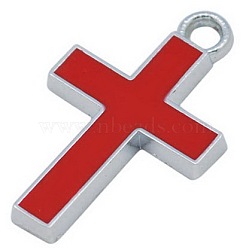 Alloy Enamel Pendants, Lead Free and Cadmium Free, Cross, Platinum Color, Crimson, 26x16x2mm, Hole: 3mm(X-ENAM-P077-3)