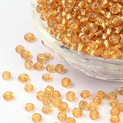 6/0 Round Silver Lined Round Hole Glass Seed Beads, Goldenrod, 4mm, Hole: 1.5mm, about 496pcs/50g(X-SEED-A005-4mm-22B)