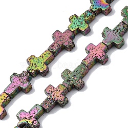 Electroplated Natural Lava Rock Beads Strands, Cross, Rainbow Plated, 10x8x4~4.5mm, Hole: 0.8~1mm, about 38pcs/strand, 31.10''(79cm)(G-A256-A01-01G)