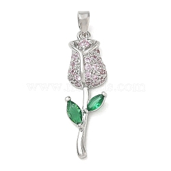 Brass Micro Pave Colorful Cubic Zirconia Pendants, with Glass, Rose Charms, Platinum, 29.5x9x4.5mm, Hole: 5x2.5mm(CU-CBA5B4D-02P)