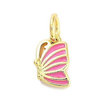 Real 18K Gold Plated Rack Plating Brass Enamel Charms, with Jump Ring, Long-Lasting Plated, Lead Free & Cadmium Free, Butterfly Charm, Hot Pink, 9x5.5x2mm, Hole: 3mm