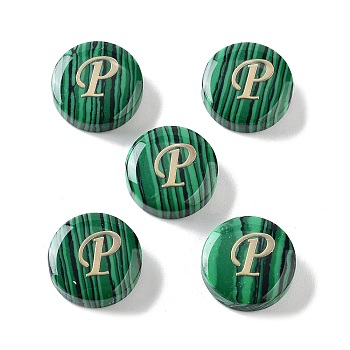 Synthetic Malachite Beads, with Golden Tone Brass Slices, Flat Round with Letter, Letter P, 15x5mm, Hole: 1.4mm