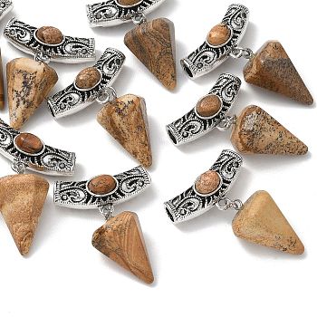 Natural Picture Jasper Pendants, Faceted Cone Charms with Alloy Tube Bails, Antique Silver, 42.5x30x15mm, Hole: 5.5mm