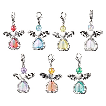 7Pcs 7 Colors Angel Acrylic Pendant Decorations, with Alloy Pendants and Swivel Lobster Claw Clasps, Mixed Color, 38mm, 1pc/color
