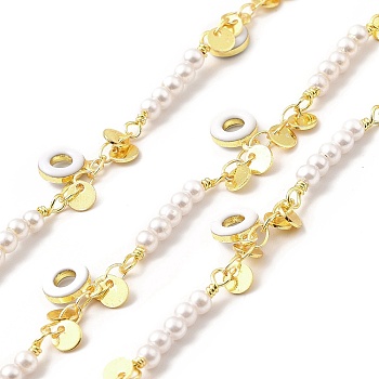 Handmade Glass Pearl Beaded Chains, with Brass Enamel Donut Charms, Soldered, with Spool, Cadmium Free & Lead Free, Real 18K Gold Plated, Bead Link: 22x3x3mm, Donut: 9x6.5x2mm, Flat Round: 4x0.5mm