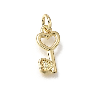 Valentine's Day Brass Charms, Key with Heart Charms, Lead Free & Cadmium Free, Real 18K Gold Plated, 14x7x1.5mm, Hole: 3mm