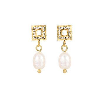 Stainless Steel Earrings with Pearl, Square