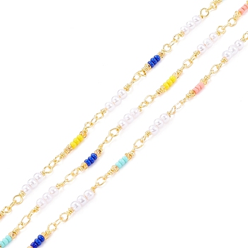 CCB Plastic & Glass Seed Beaded Chain, with Brass Findings, Long-Lasting Plated, Imitation Pearl & Rondelle, Soldered, with Spool, Colorful, 16.5x3mm, 15x2.5mm, about 32.8 Feet(10m)/roll