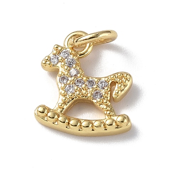 Brass Micro Pave Cubic Zirconia Charms, with Jump Ring, Rocking Horse Charms, Real 18K Gold Plated, 11.5x10x2mm, Hole: 3mm