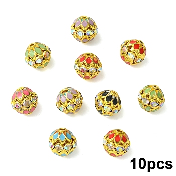 10Pcs Brass Enamel Beads, with Rhinestone, Round, Golden, 12mm, Hole: 2mm