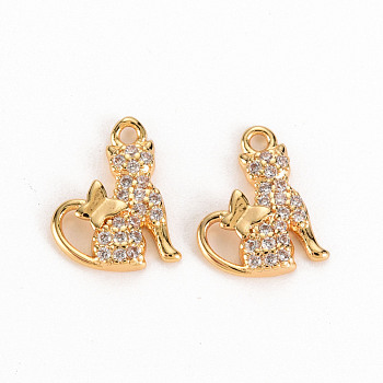 Brass Micro Pave Clear Cubic Zirconia Charms, Nickel Free, Cat, Real 18K Gold Plated, 13x9.5x2mm, Hole: 1.2mm