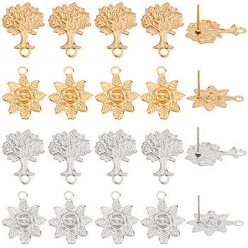 32Pcs 4 Styles 304 Stainless Steel Stud Earring Findings, with Loop and Ear Nuts/Earring Backs, Flower & Tree, Golden & Stainless Steel Color, 20~22x17mm, Hole: 1.8~2mm, Pin: 0.8mm, 8pcs/style