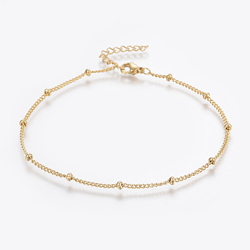 304 Stainless Steel Anklets, with Lobster Claw Clasps, Round Beads and Twist Chain, Golden, 9 inch(230mm), 1.5mm