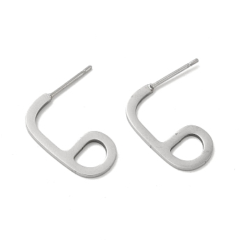 201 Stainless Steel Number 6 Stud Earrings with 304 Stainless Steel Pins for Women, Stainless Steel Color, 20x10x1mm, Pin: 0.8mm