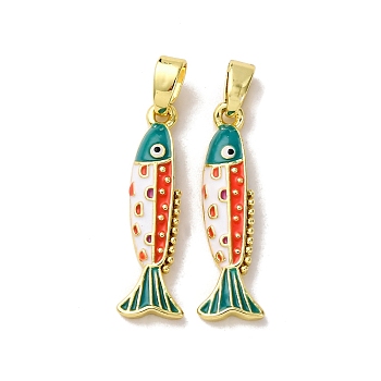 Brass Enamel Pendants, Fish Charms, Real 18K Gold Plated, Teal, 22.5x6.5x3mm, Hole: 4x2.5mm