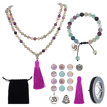 DIY Jewelry Making Kits, Including Natural Fluorite Beads, Polyester Tassel Pendant Decorations, Alloy Pendants and Nylon Thread, 8mm, Hole: 1mm, 140pcs/set