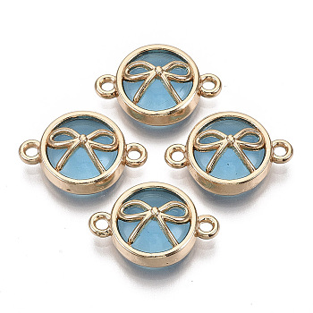 Glass Links connectors, with Light Gold Plated Alloy Findings, Flat Round with Bowknot, Light Sky Blue, 13.5x19.5x6.5mm, Hole: 1.6mm