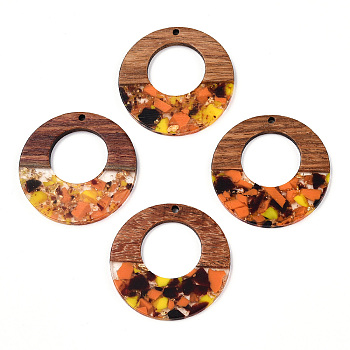 Transparent Resin & Walnut Wood Pendants, with Gold Foil, Donut Charms, Coral, 38x3mm, Hole: 2mm