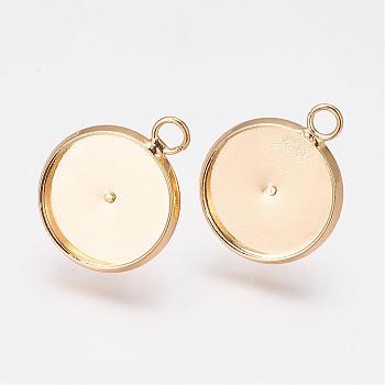 Brass Stud Earring Settings, Flat Round, Real 24K Gold Plated, Tray: 12mm, 17x14x2mm, Pin: 0.7mm