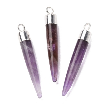 Natural Amethyst Brass Pendants, Cadmium Free & Lead Free, Bullet Shaped, Silver Color Plated, 33~37x4~5mm, Hole: 2mm