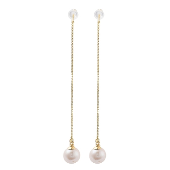 Natural Pearl Ear Studs, Ear Threads, with Brass Findings and 925 Sterling Silver Pins, Round, Real 14K Gold Plated, 72x8.5mm