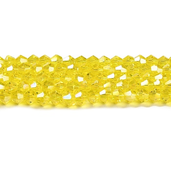 Transparent Electroplate Glass Beads Strands, AB Color Plated, Faceted, Bicone, Yellow, 3x2.5mm, Hole: 0.7mm, about 162~185pcs/strand, 12.76~14.61 inch(32.4~37.1cm)